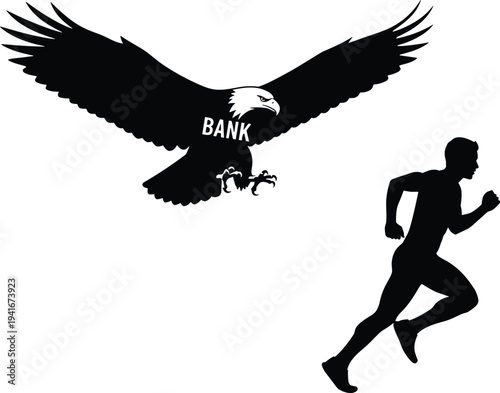 Eagle chasing running businessman silhouette concept of banking pressure, financial control and economic pursuit vector illustration