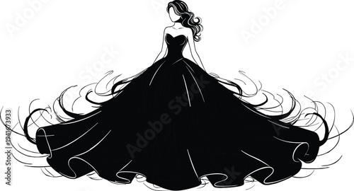 Elegant woman in flowing evening gown silhouette, fashion beauty illustration of female model wearing long dress vector design