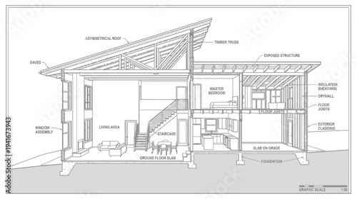 Detailed Architectural Cross-Section Drawing of a House, Building Blueprint with Dimensions on Isolated White Background