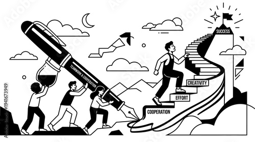 Team of people collaborating to push a giant pen drawing a path up a mountain towards a goal, symbolizing creativity, effort, and cooperation in achieving success.