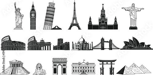 Famous world landmarks collection including Eiffel Tower, Statue of Liberty, Taj Mahal and pyramids vector travel monument icons