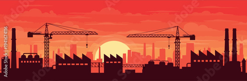 Dramatic silhouette of an industrial cityscape at sunset, showcasing factories, towering construction cranes, and urban buildings under a radiant sky, depicting manufacturing and development