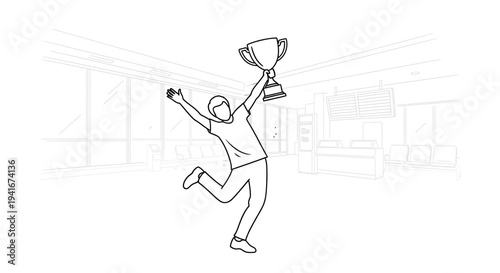 Excited man celebrating victory holding trophy, jumping with joy in modern office