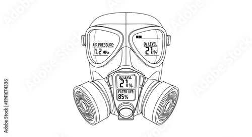Futuristic Gas Mask with Digital Display Showing Air Quality and Level