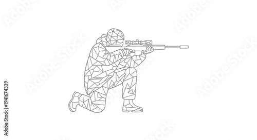Geometric Sniper Aiming Rifle, Military Soldier Crouching, Polygonal Art Style