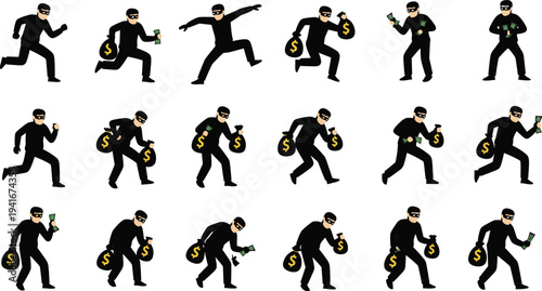 Thief robber character set stealing money bags and cash, crime burglary concept vector illustration collection of masked criminal actions