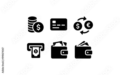 Collection of financial icons representing money, credit cards, and transactions