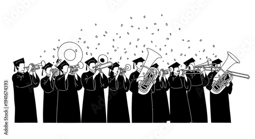 Graduation Band Playing Music with Confetti Falling