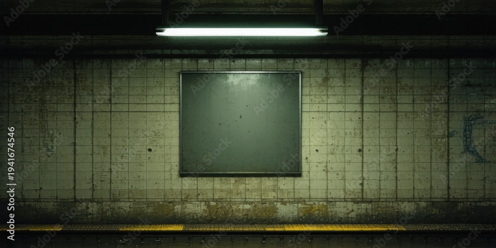 Fototapeta premium Subway tunnel features blank billboard. Dim lighting highlights textured tile walls, creating stark contrast. Minimalist, urban scene.