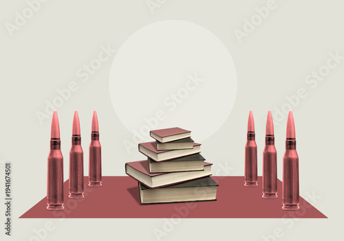 Collage art with a bullets and books