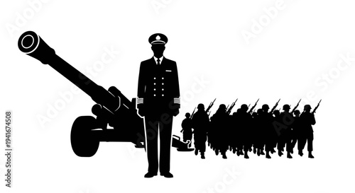 Military Commander with Artillery and Soldiers Marching Silhouette