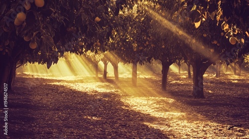 Sunbeams through fruit trees
