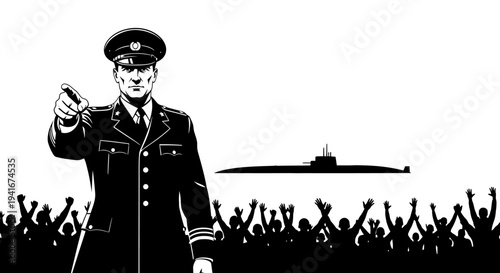 Military Commander Points Finger, Crowd Cheers, Submarine Appears