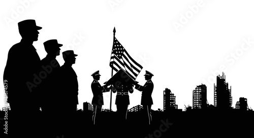 Military Funeral Ceremony Silhouette: Flag Draping Casket with City Skyline Background