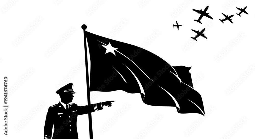 Naklejka premium Military Leader Directs Air Force Formation with Flag