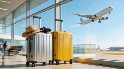 Two travel suitcases with camera and straw hat at airport terminal window with airplane taking off outside, travel vacation concept, idea for tourism journey planning and holiday transportation