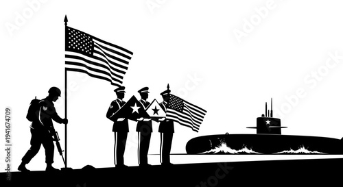 Military Honor Guard with US Flag and Submarine Silhouette