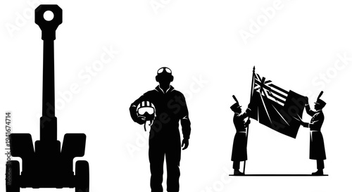 Military Icons: Cannon, Pilot, and Flag Bearers Silhouette on White Background