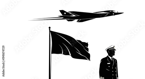 Military Jet Flies Over Flag and Officer in Silhouette