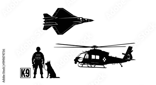 Military K9 Unit, Jet Fighter, and Helicopter Silhouettes - Defense and Security Concept