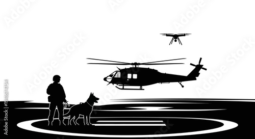 Military K9 unit, soldier, helicopter, and drone on helipad, tactical operation