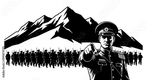 Military Leader Points Finger, Army Marches Before Mountains