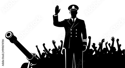 Military Leader Salutes Crowd Beside Cannon Silhouette