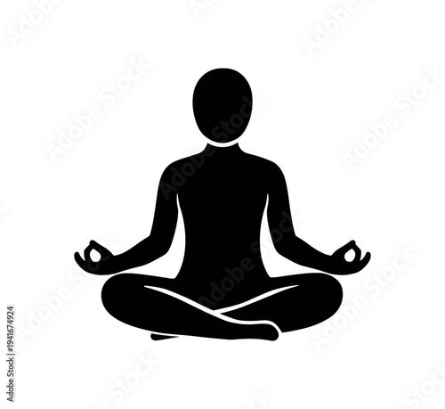 A simple black silhouette of a person sitting crosslegged in a meditation pose, shown as a minimal icon for mindfulness, yoga, or relaxation designs.