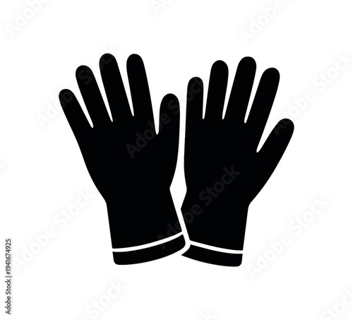 A black silhouette of a pair of gloves, shown together as a simple icon for safety, cleaning, or workwear signage and labels.