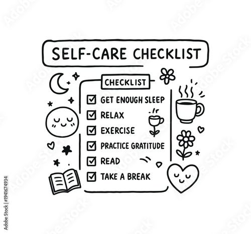 Hand-drawn checklist titled "self-care checklist" with tick boxes for getting enough sleep, relaxing, exercising, practicing gratitude, reading, and taking breaks, surrounded by small doodles.