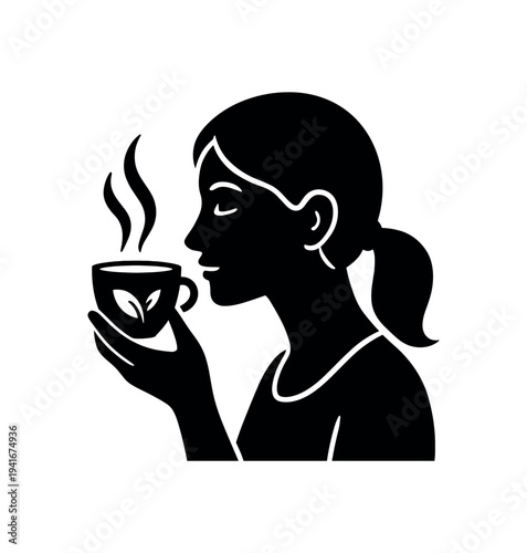 Woman in profile smelling a steaming cup of tea, calm morning beverage icon for wellness and cafe design flat vector icon