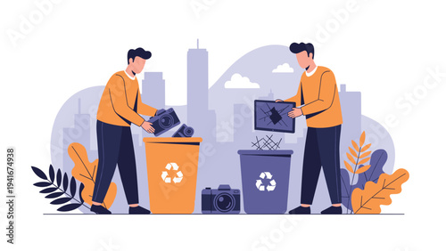 Two men responsibly recycling old cameras and electronic waste into designated bins, promoting environmental protection and proper disposal practices.