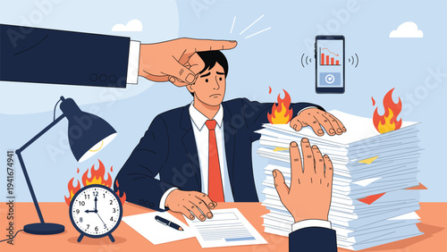 Stressed businessman overwhelmed by a mountain of burning paperwork and an angry pointing hand, depicting burnout, stress, and excessive workload.