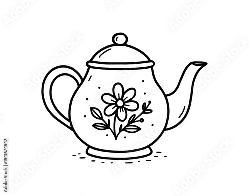 Floral teapot with decorative flower motif for kitchen label and tea packaging design flat vector illustration
