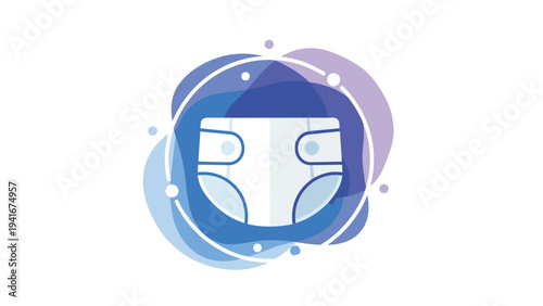 Stylized icon of a baby diaper surrounded by colorful abstract shapes, representing infant care, hygiene, and baby products.