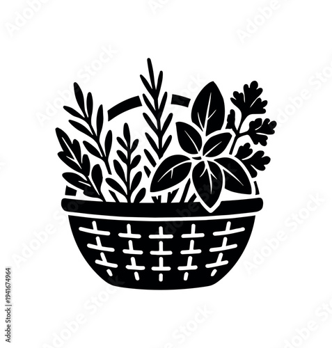 Bold black silhouette of a woven basket filled with assorted herb leaves and foliage, minimalist botanical illustration suitable for labels or logos.