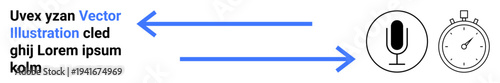 Audio technology, media production, time management, task coordination, workflow efficiency, communication. Microphone, stopwatch and arrows process flow. Audio technology and time management
