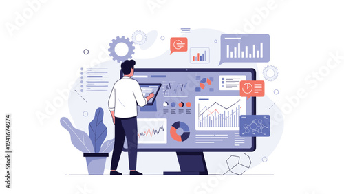 Man interacting with a large digital dashboard, analyzing charts, graphs, and data visualizations, representing business intelligence and performance analytics.