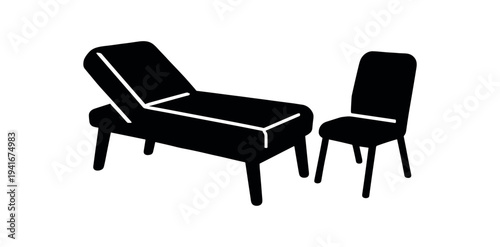 Simple black silhouette of a chaise lounge and a separate chair, suitable as a furniture or interior icon.
