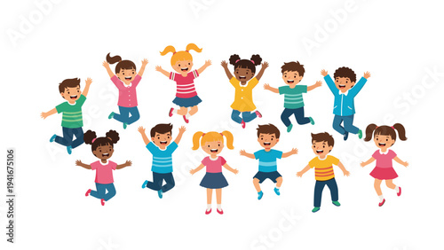 Group of happy, diverse children joyfully jumping and playing, symbolizing childhood, energy, fun, and healthy activity.