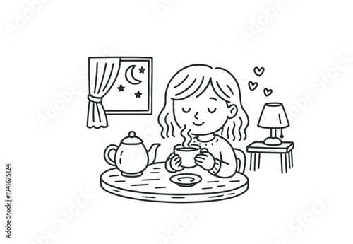  woman sitting at a round table, holding a steaming cup with a teapot on the table, a window showing moon and stars, a lamp on a side table, 