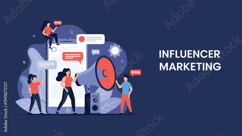 Influencer marketing concept featuring people interacting with a large smartphone, megaphone, and social media elements, promoting digital advertising and brand promotion.