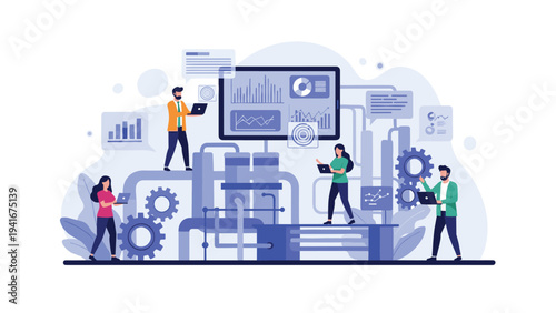 Business professionals collaborating around a complex system of gears and pipes, analyzing data on laptops and screens, representing industrial automation and data management.