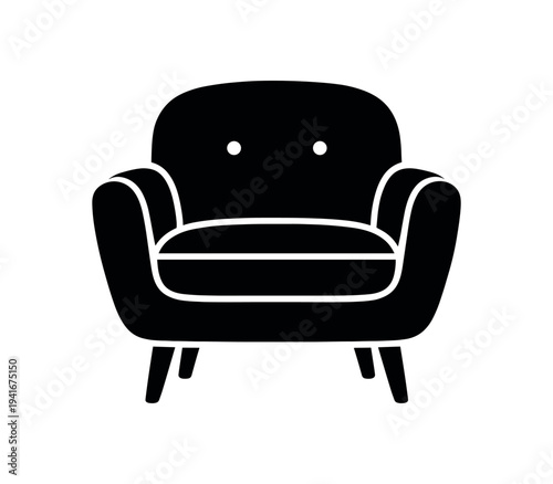 Simple black silhouette of a cushioned armchair with button-tufted back and angled legs, suitable as a furniture, interior design, or home decor icon.