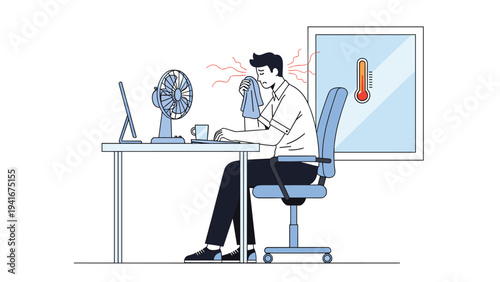 Overheated man wiping sweat from his face at a desk with a fan, a thermometer visible outside the window, depicting hot weather and discomfort.