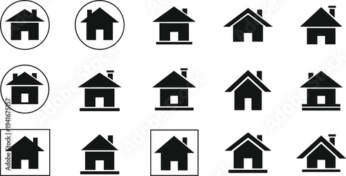 Home House Icon Set with Residential Building Symbols for Real Estate, Property Listings, Smart Home Apps, Housing Services, and Website Interface Design