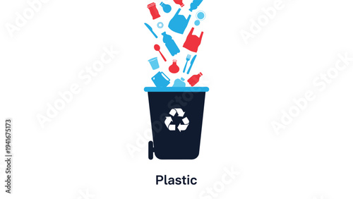Recycling bin overflowing with various plastic waste items, with the word "Plastic" below, emphasizing plastic pollution and the importance of recycling.