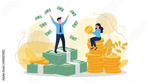 Happy businessman celebrating with money raining down, and a woman sitting on a stack of coins, symbolizing financial success, wealth, and investment.
