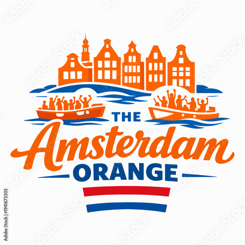 Amsterdam orange festival illustration with canal houses, boats, and Dutch national colors, celebrating city pride, kingsday atmosphere, heritage, culture, and festive energy