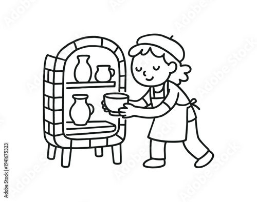 Line drawing of a potter wearing a beret and apron putting a bowl on a shelf inside a kiln or storage unit, surrounded by vases.